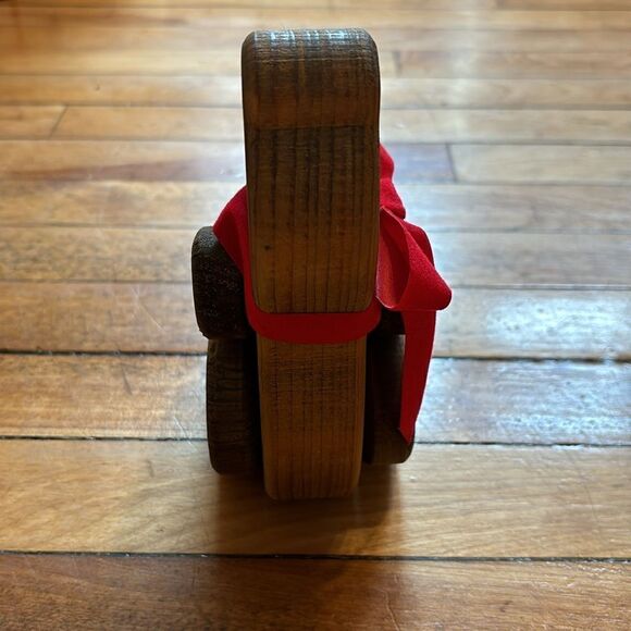 Vintage Hand Painted Wooden Jointed Sitting Teddy Bear with Red Bow- Shelf Decor - Picture 5 of 8